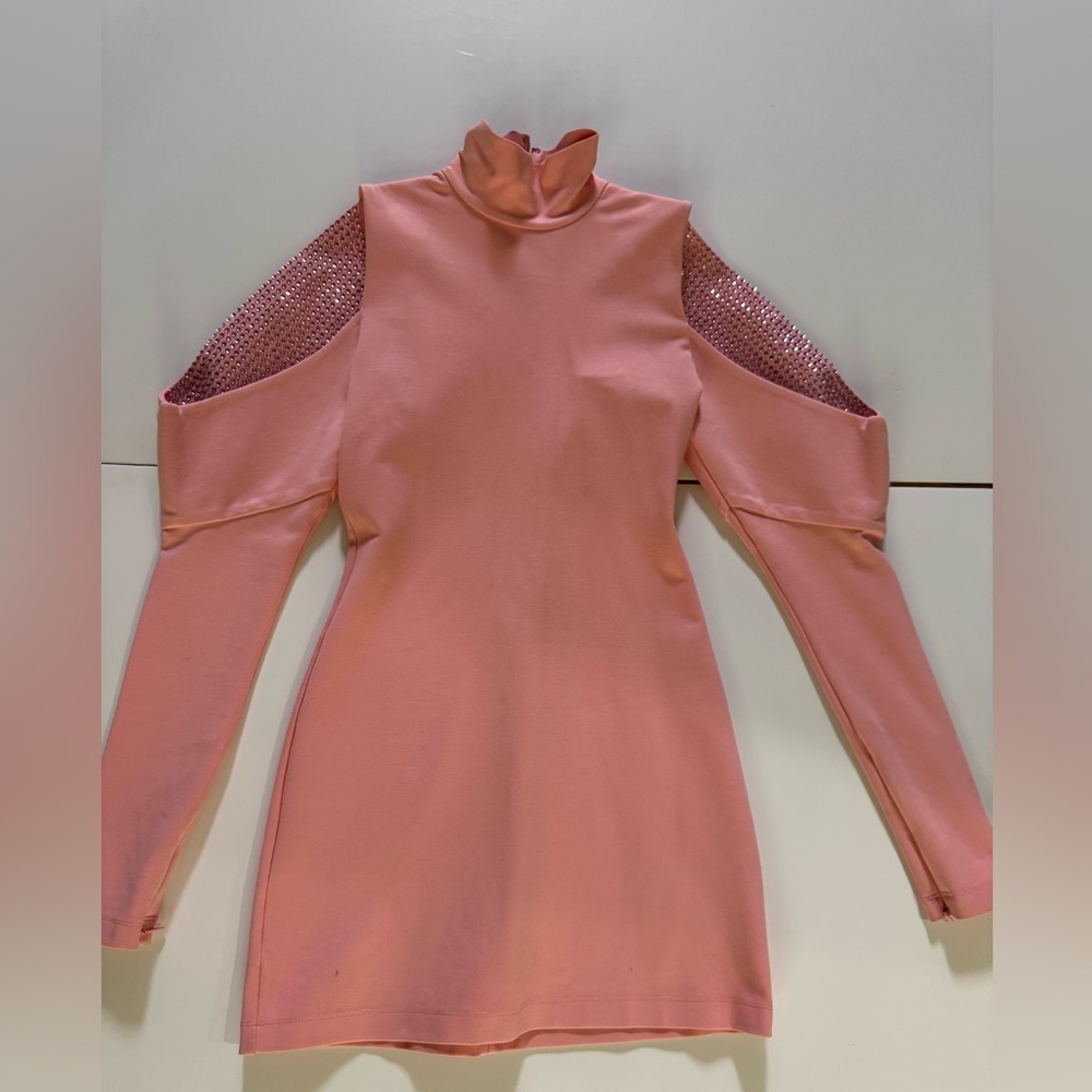 AREA Pink Embellished Cold Shoulder Bodycon Dress